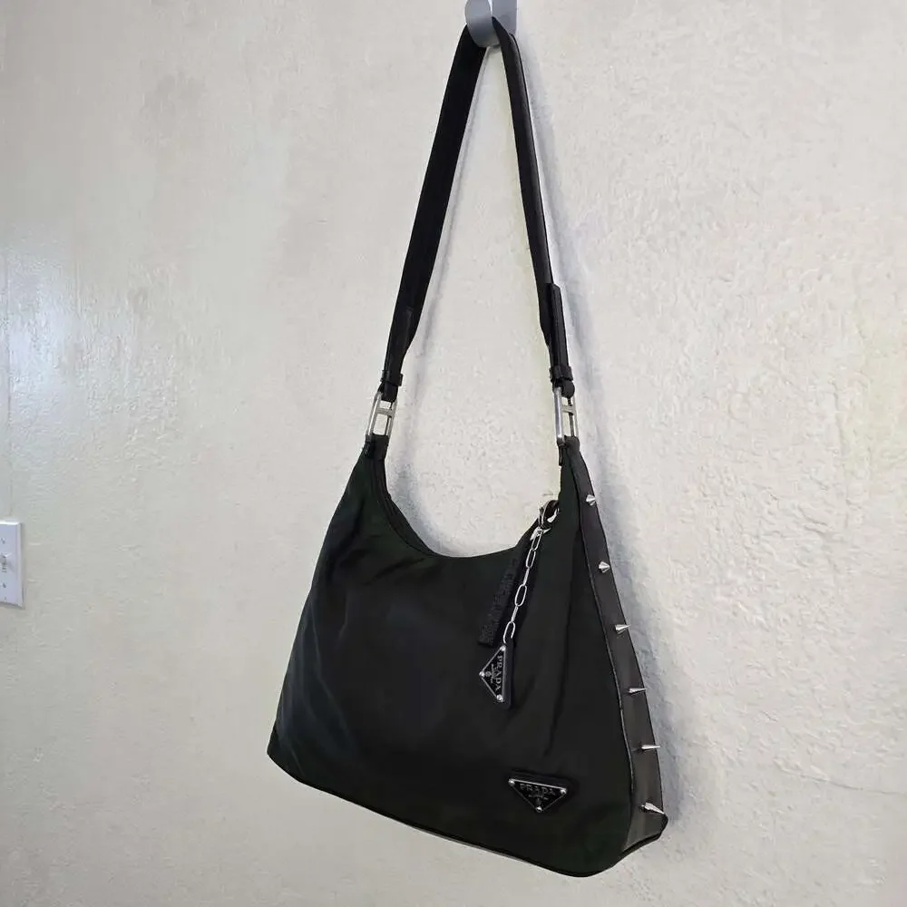 Prada Tessuto Custom Nylon Dark Green Shoulder Bag with Studs